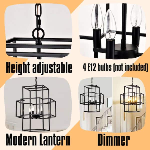 Modern Lantern Series 4-Light Matte Black Pendant Chandelier for Kitchen with No Bulbs