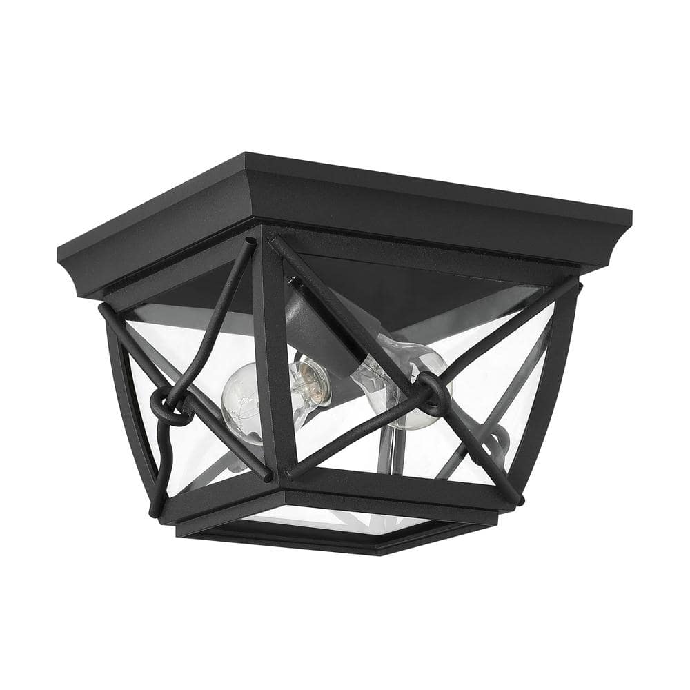 Black Steel and Glass Outdoor Flush Mount Ceiling Light