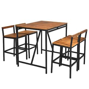 5-Pieces PE Rattan Patio Bar Table Set High-Dining Bistro Set with Acacia Wood Top