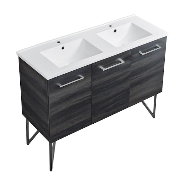 Annecy 48 in. W Black Walnut, Double Basin Bathroom Vanity in White with Ceramic Sink Top