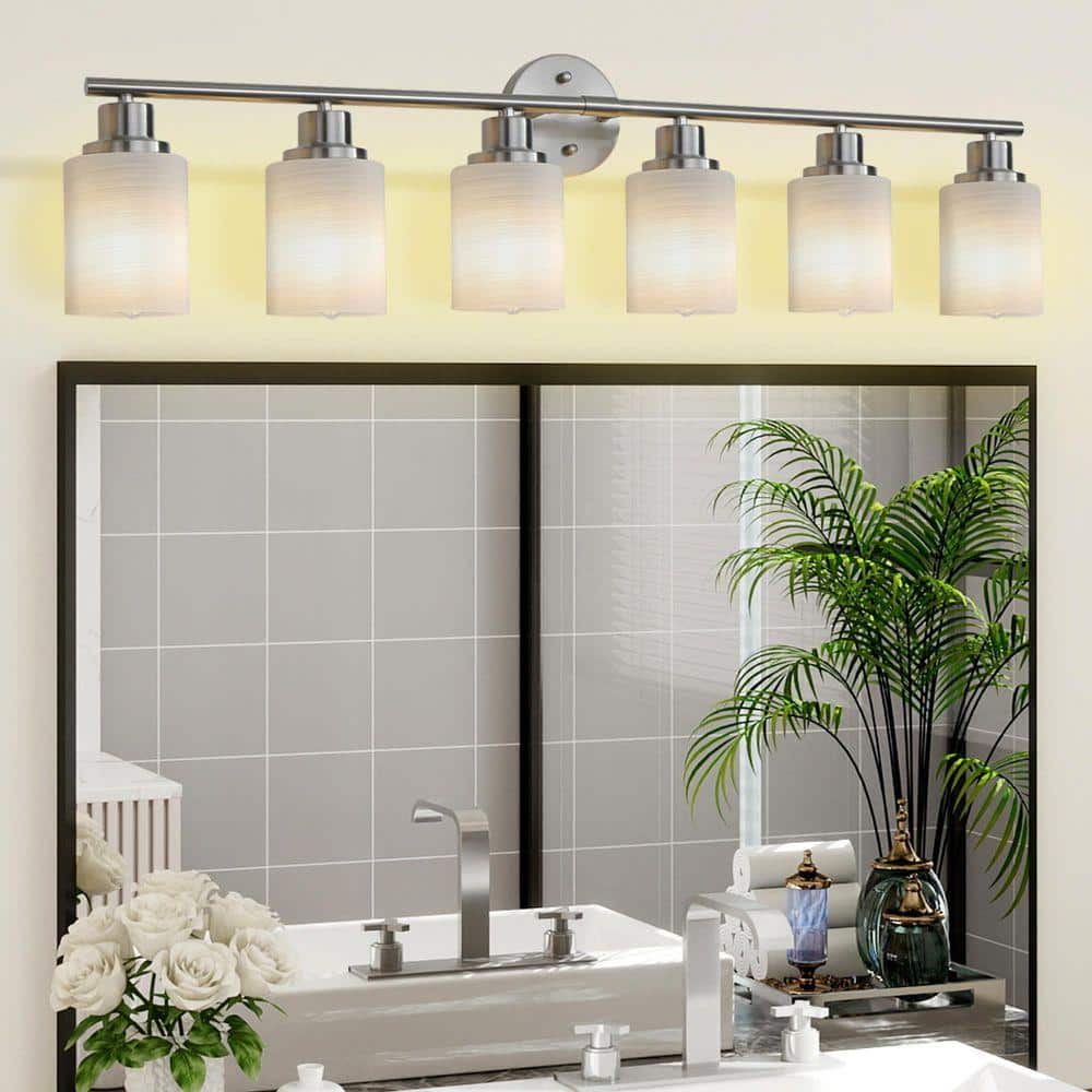 Gloweer 39 in. 6-Light Chrome Vanity Lights Wall Sconces with Frosted ...