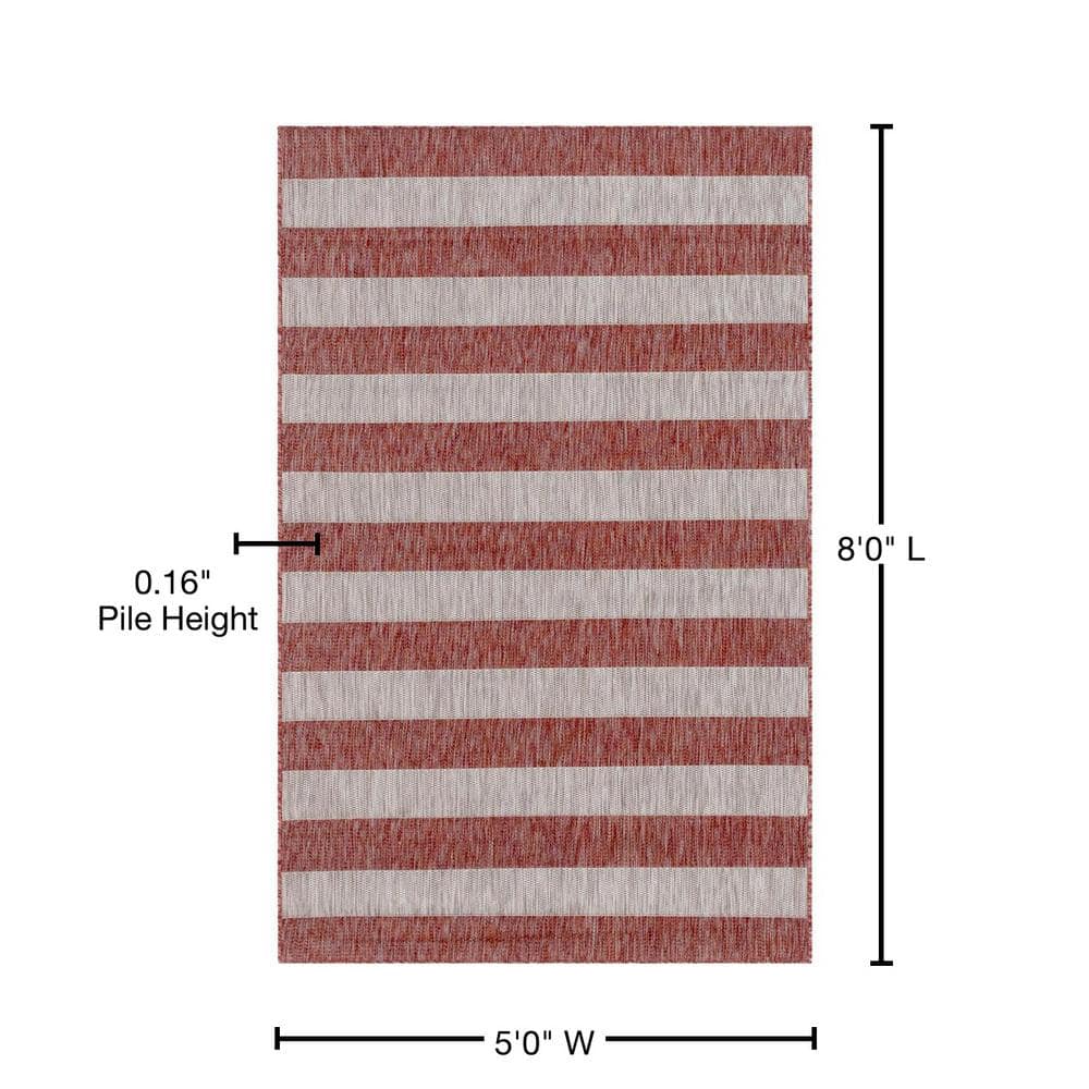 Rust Red Stripe Easy-Care Outdoor Rug 5' x 8' - Reversible & Washable