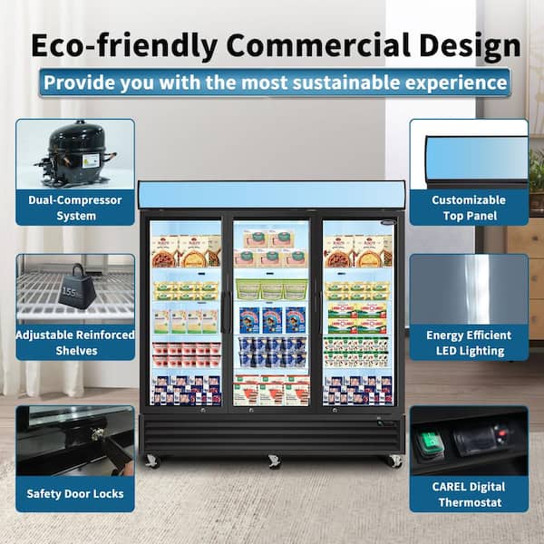 80 in. 70 Cu. Ft. Commercial Auto / Cycle Defrost Merchandiser Upright Freezer in Black with Glass Door and LED Panel