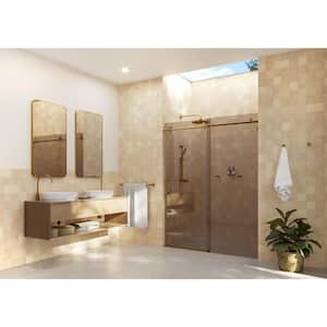 Equinox 56 in. - 60 in. W x 78 in. H Frameless Sliding Shower Door in Satin Brass with Tinted Glass