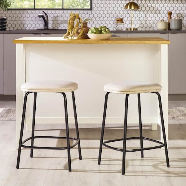 Walker Edison Furniture Company Modern 24 in. Ivory Backless Metal Counter Stool with Polyester Seat, Set of 2