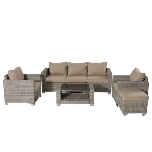 Cesicia Outdoor Grey 7-Piece Wicker Patio Conversation Set with Grey Cushions