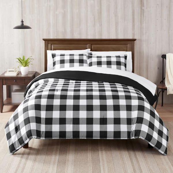 Serta Alex 7-Piece Black and White Plaid Polyester Full Bed in a Bag