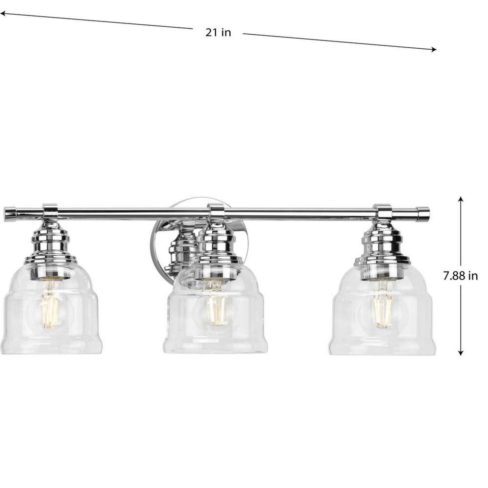 Ambrose 21" Polished Chrome 3-Light Vanity with Clear Glass Shades