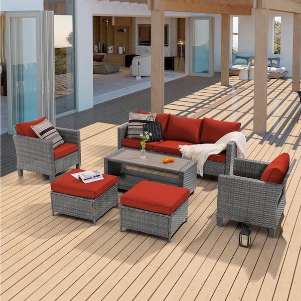 Sonkuki 6-Piece Patio Sofa Set Gray Wicker Outdoor Furniture Set with Coffee Table, Rust Red