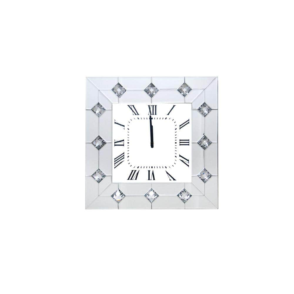 Benjara Silver and White Mirrored Square Shape Wooden Analog Wall