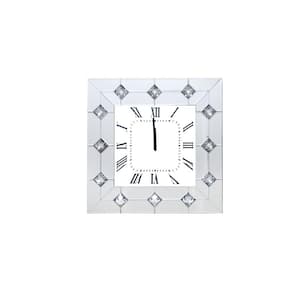 Silver and White Mirrored Square Shape Wooden Analog Wall Clock with Crystal Accents