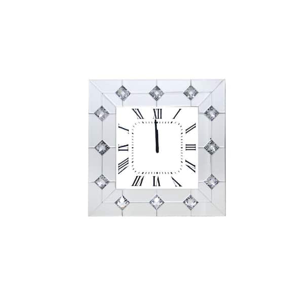 Benjara Silver and White Mirrored Square Shape Wooden Analog Wall Clock with Crystal Accents