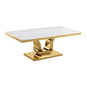 Eric 55 in L. White Rectangle Marble Top Coffee Table With Gold Stainless Steel Base