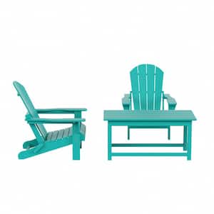 Laguna 3-Piece Fade Resistant Outdoor Patio HDPE Poly Plastic Folding Adirondack Chair Set, Coffee Table in Turquoise
