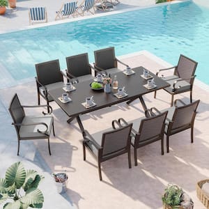 9-Piece Metal Outdoor Dining Set with Rattan Woven Backrest, an Umbrella Hole and Grey Cushion