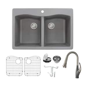 Aversa All-in-One Drop-in Granite 33 in. 1-Hole Equal Double Bowl Kitchen Sink with Faucet in Grey