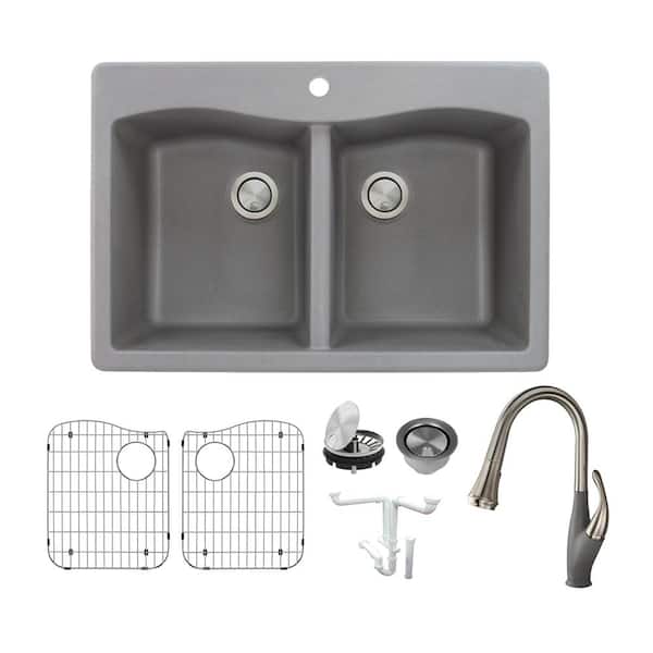 Transolid Aversa All-in-One Drop-in Granite 33 in. 1-Hole Equal Double Bowl Kitchen Sink with Faucet in Grey