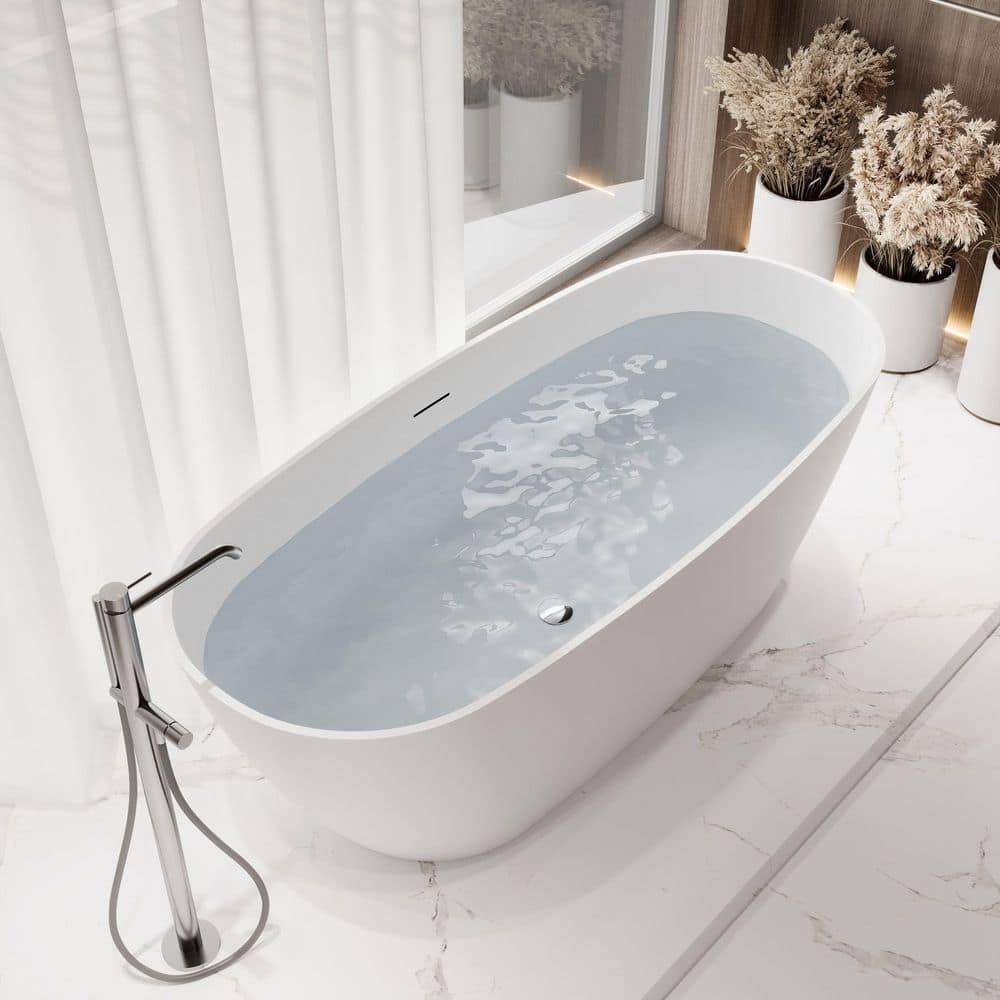 67" Matte White Stone Resin Freestanding Soaking Tub with Chrome Drain