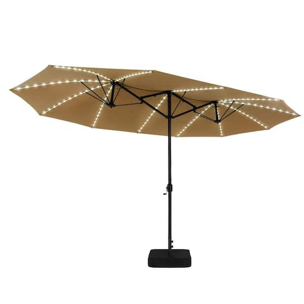 Pellebant 15 ft. Patio Solar Market Umbrella Double-Sided Twin Outdoor Umbrella with Base and Solar LED Lights in Tan