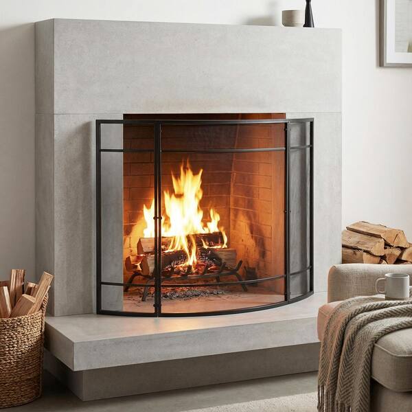 Clihome 1-Panel Curved Iron Fireplace Screen 38 x 32 in. Black