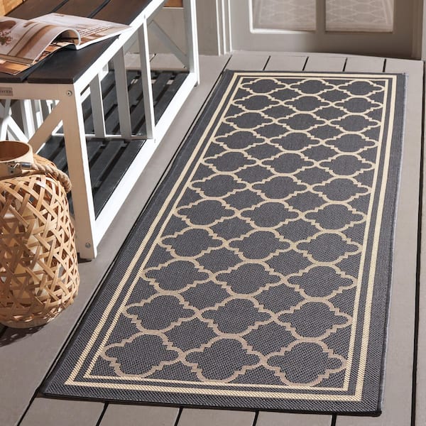 Courtyard Anthracite/Beige 2 ft. x 7 ft. Geometric Indoor/Outdoor Patio  Runner Rug