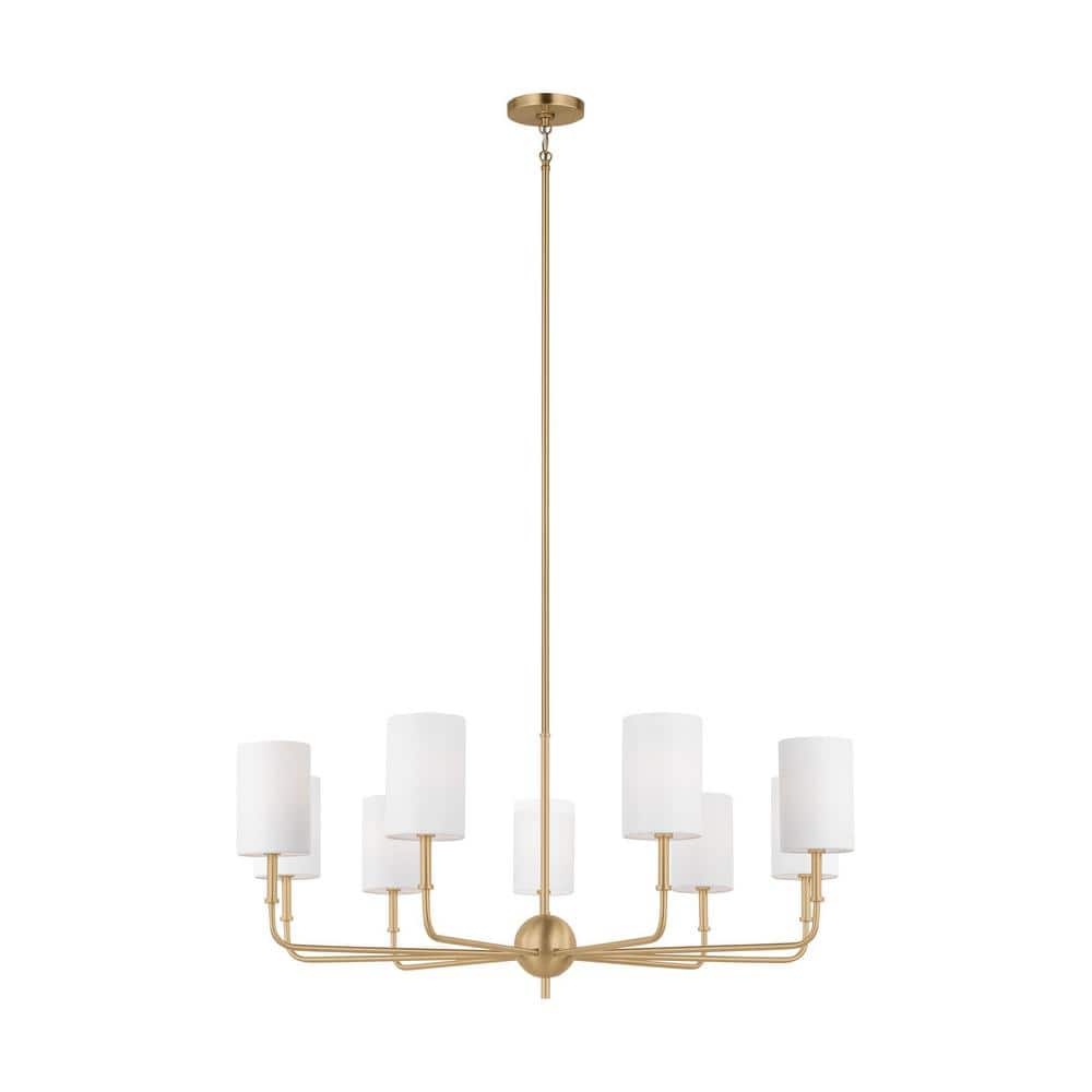 Satin Brass 36" Nine-Light Chandelier with White Linen Shades