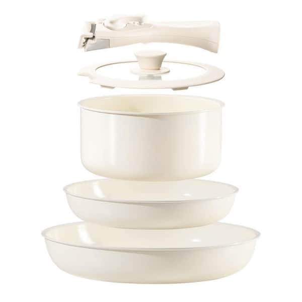 5 Piece Ceramic Nonstick Cookware Set with Removable Handle Induction Dishwasher Oven Safe Cream White