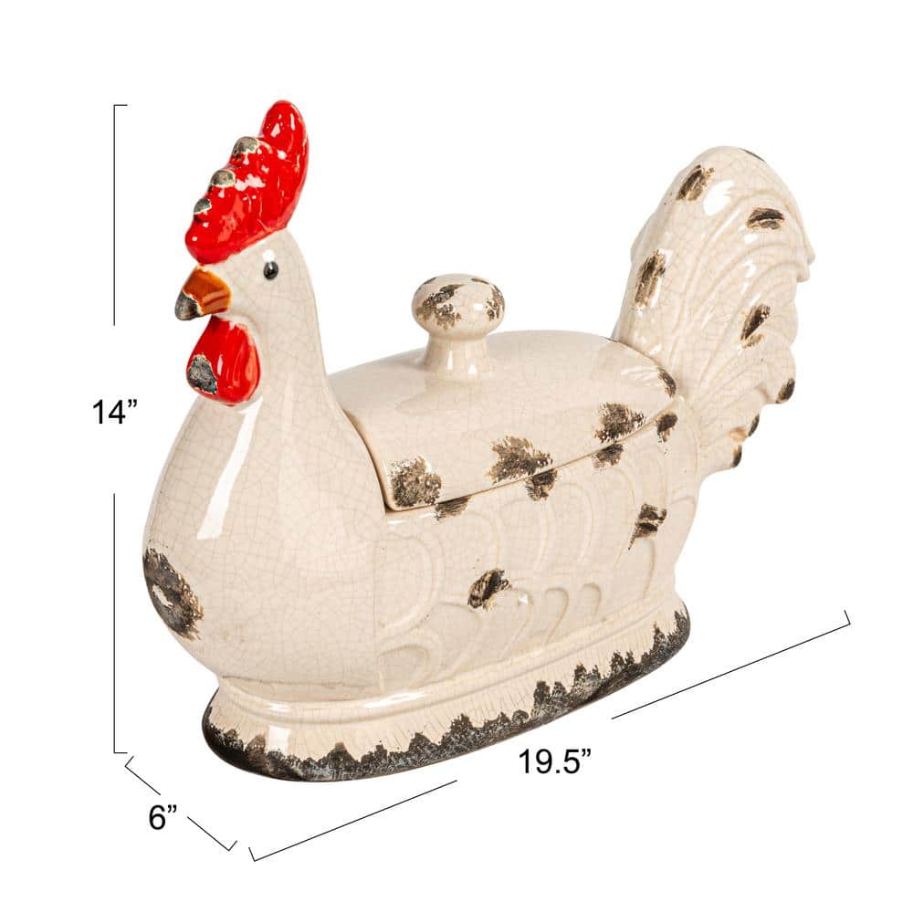 Rustic White Stoneware Rooster Container with Lid