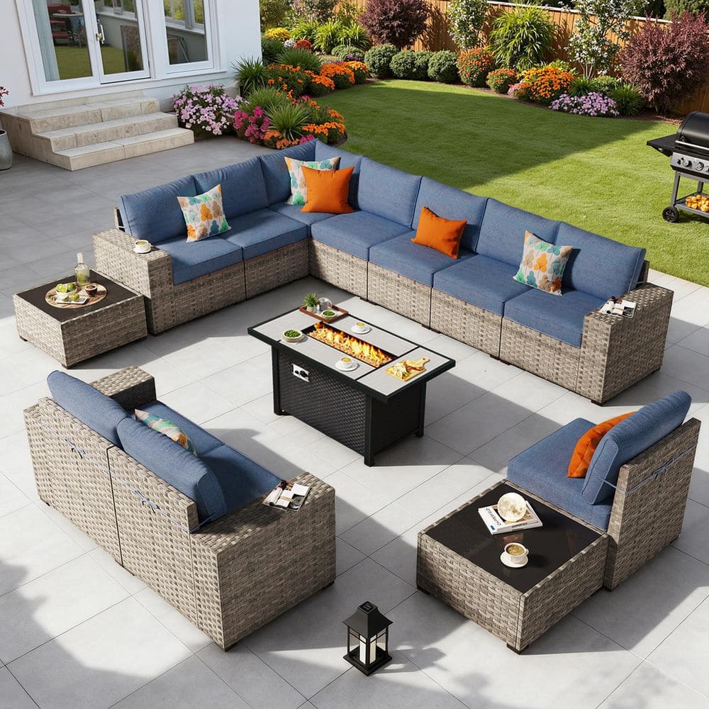 Aero Cane 13 Pieces Wicker Outdoor Patio Rectangular Fire Pit Set with Denim Blue Cushions price history on PriceWatchPro