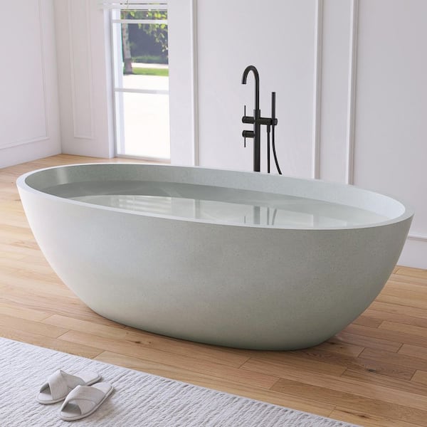 71 in. x 35 in. Terrazzo Stone Solid Surface Flatbottom Freestanding Soaking Bathtub in Gray Green(Outdoor-Compatible)