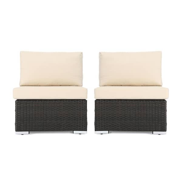 Noble House Rosen Multi-brown Wicker Outdoor Patio Armless Lounge Chair with Beige Cushions (2-Piece)