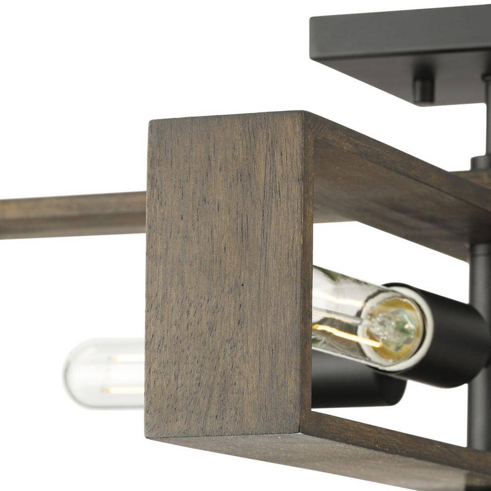 Matte Black and Wood 4-Light Flush Mount Ceiling Fixture