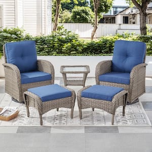 Carlos Gray 5-Piece Wicker Patio Conversation Set Outdoor Swivel Chair Set with Ottomans with CushionGuard Blue Cushions