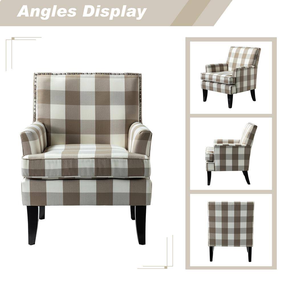 Plaid Beige Upholstered Accent Chair with Nailhead Trim