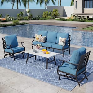 Metal 5 Seat 4-Piece Steel Outdoor Patio Conversation Set with Rocking Chairs, Denim Blue Cushions, Marble Pattern Table