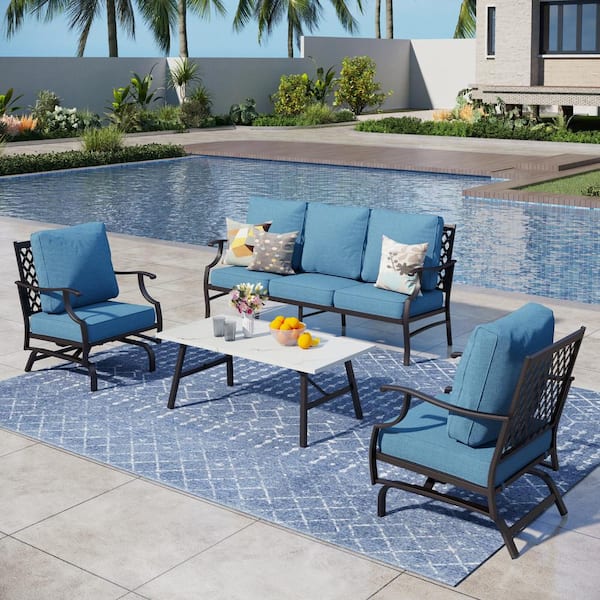 PHI VILLA Metal 5 Seat 4-Piece Steel Outdoor Patio Conversation Set with Rocking Chairs, Denim Blue Cushions, Marble Pattern Table