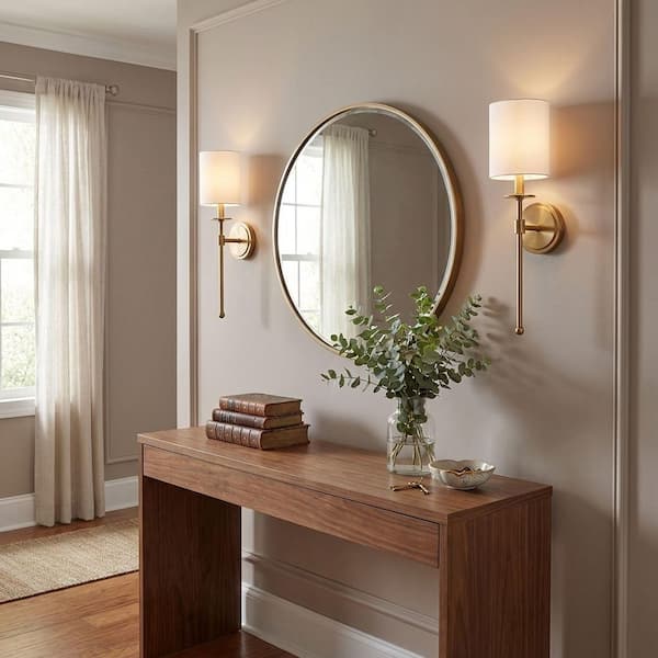 5 in. W x 20 in. H 1-Light Natural Brass Wall Sconce with White Fabric Shade