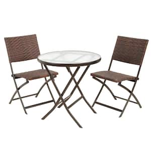 3-Piece Metal Folding Round Outdoor Wicker Bistro Set Patio Table Chairs Furniture, Brown Multi