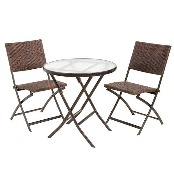 ITOPFOX 3-Piece Metal Folding Round Outdoor Wicker Bistro Set Patio Table Chairs Furniture, Brown Multi