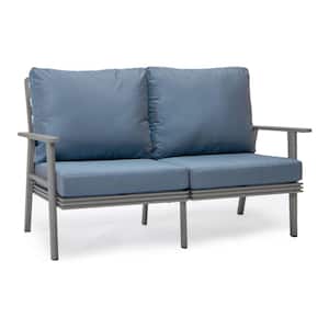 Walbrooke Modern Patio Loveseat with Grey Aluminum Frame and Navy Blue Removable Cushions