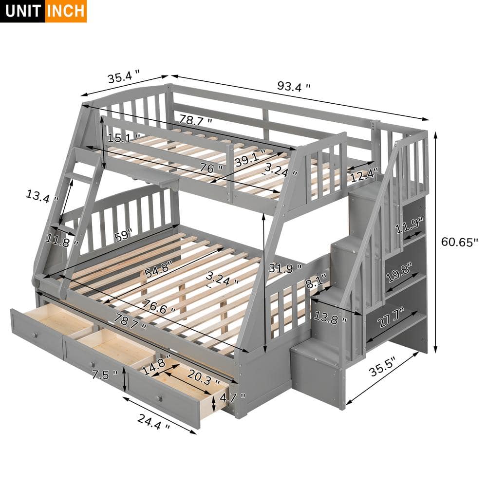 Harper & Bright Designs Gray Twin Over Full Wood Bunk Bed with 3-Drawers, Ladder and Storage Staircase - 2
