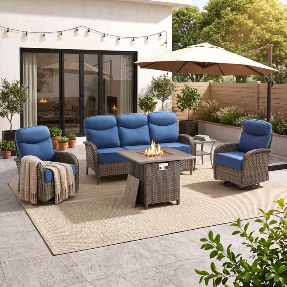 Rivieral Brown 5-Piece Wicker Outdoor Conversation Patio Fire Pit Set with 6 in. Blue Cushions and Swivel Glider Set price history on PriceWatchPro