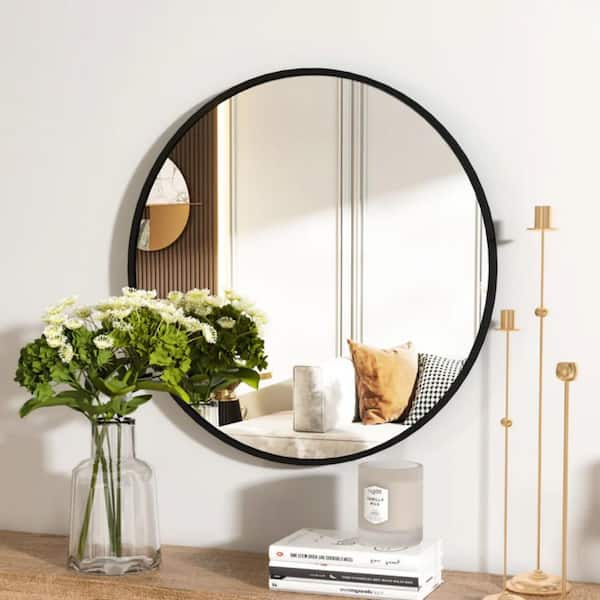 HOMLUX 30 in. W x 30 in. H Round Framed Wall Bathroom Vanity Mirror in Gold Decorative Modern Rust-Resistant Metal Frame
