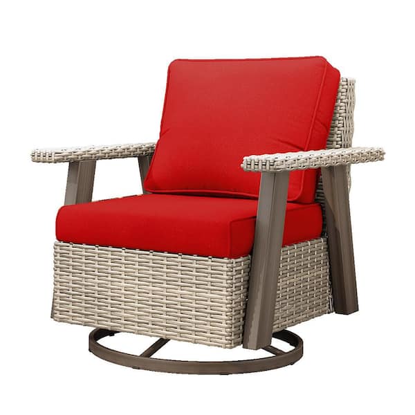 Brown Swivel Wicker Outdoor Lounge Chair Seating Set with Red Cushions (1-Pack)