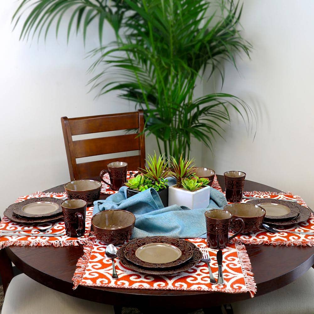 Salia Brown Embossed Ceramic 16-Piece Dinnerware Set
