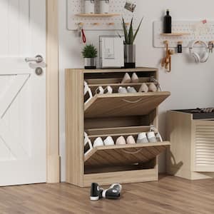 Natural Color 12-Pair Shoe Storage Cabinet with 2-Drawers and 4-Compartments and Wood Grain