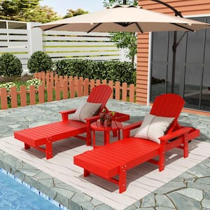 Altura 3-Piece Classic All Weather Adirondack Poly Reclining Outdoor Chaise Lounge Chair with Arms in Red