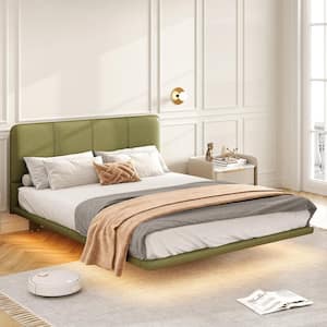 Chrisla Green Wood Frame Queen Size Platform Beds with LED Lighting, Modern Upholstered Leatherette Floating