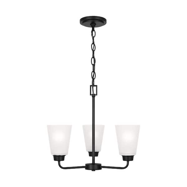 Generation Lighting Kerrville 3-Light Midnight Black Traditional Transitional Single Tier Hanging Chandelier with Satin Etched Glass Shades