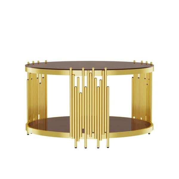 32 in. Brown Round Glass Coffee Table with Tempered Glass&Gold Legs, 2-Tier Stainless Steel Center Table for Living Room